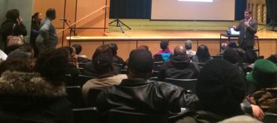 Mayor Walsh fields questions at Mattapan meeting on Tuesday night.: Photo by Lauren Dezenski